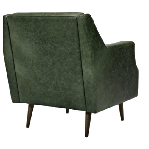 Back view of the Mariana button lounge chair in green upholstery with wood legs.