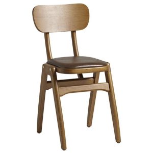 Front view of a Nova side chair. Cognac-stained wood frame, brown faux leather upholstered seat.