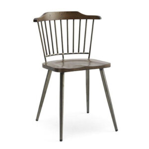 Front view of a Uniq vintage side chair. It features a metal frame and a distressed wooden seat and back.