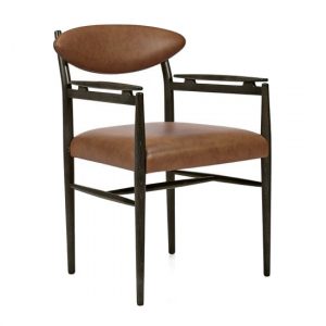 Front view of the Wink armchair. Wood frame with brown upholstered seat and back.