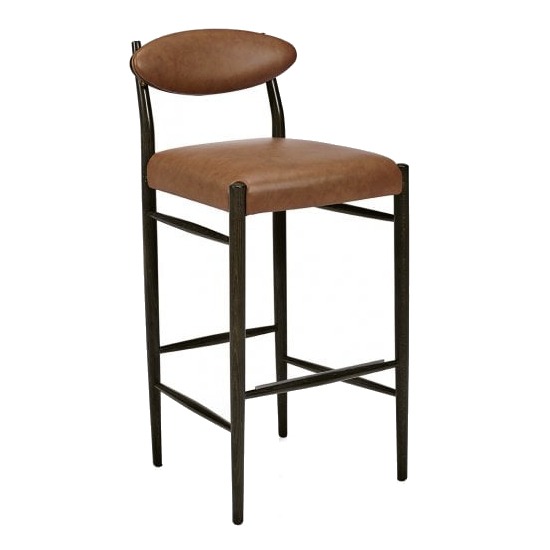 Front view of a Wink barstool with a dark wood frame and brown upholstered seat and back.