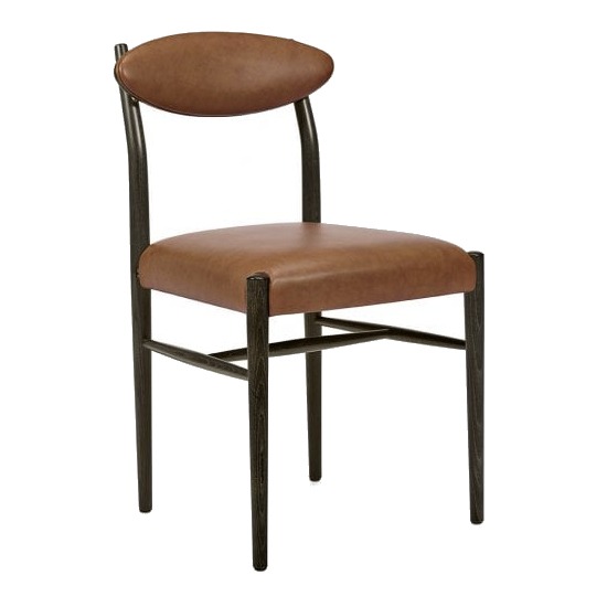 Front view of the Wink side chair with brown leather upholstered seat and back, and dark wood frame.