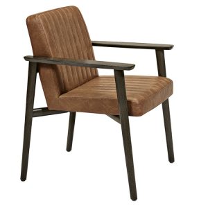 Upholstered Zoe Armchair with wood frame. Brown leather seat and back with vertical stitch detail. Dark wood armrests and legs.