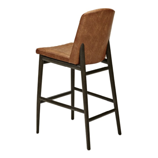 Back view of the Zoe barstool with a brown upholstered seat and back, and a dark wood frame.