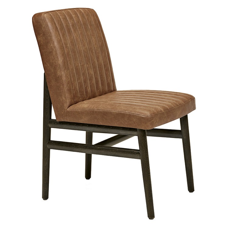 Upholstered Zoe side chair in brown leather with vertical channel stitching and dark wood frame.