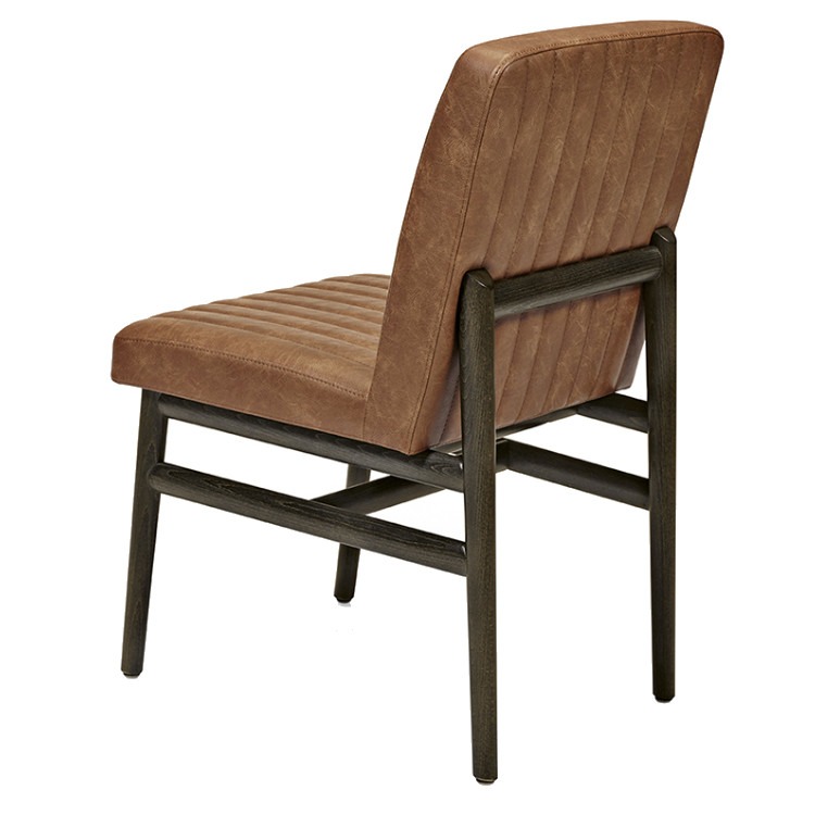 Rear view of the Zoe side chair with brown upholstered seat and back, and dark wood frame.