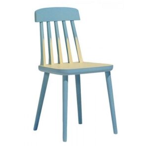 Front view of a blue and cream Cut Side Chair with a wooden frame and a slat back.