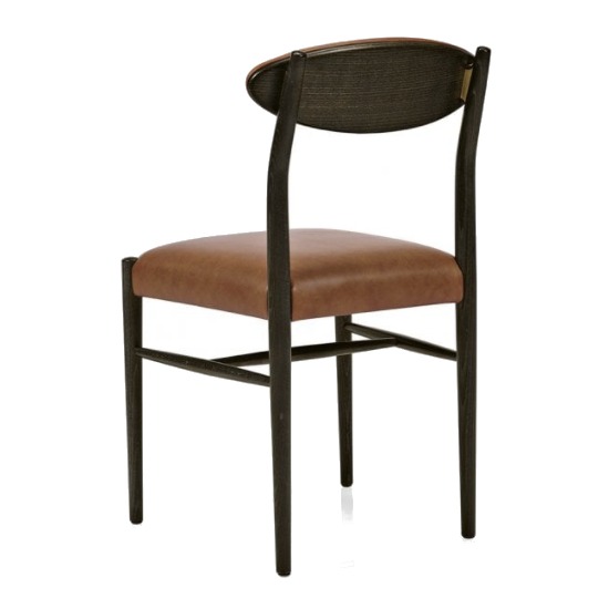Back view of the Wink side chair. Features a dark wood frame, upholstered seat in brown leather, and wood back in a matching dark wood finish.