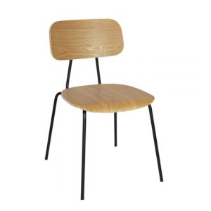 Front view of the Aylesbury side chair. Wood seat and back with a black metal frame.
