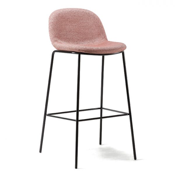 Upholstered Odile SGL barstool with black metal frame. The seat and back are a light pink fabric. High stool.