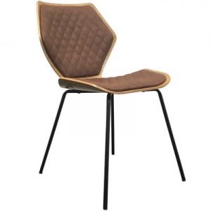 Angled view of the Manus side chair. Features a brown upholstered seat and back with a wooden shell and black metal frame.