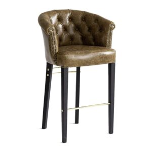 Upholstered Scarlet barstool with deep button back, brass details, and dark wooden frame.
