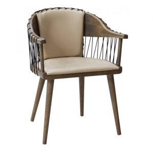 Front view of the Inn Armchair with wooden frame, roped armrests, and upholstered seat and back.