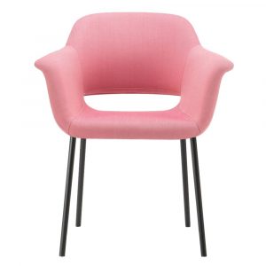 Front view of a pink Megan 04 armchair with metal frame legs and upholstered seat and back.