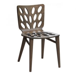 Wooden Bio side chair with oval cutouts on the back and seat.