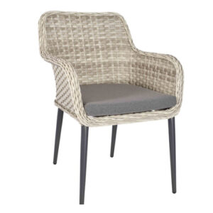 Light grey Bremen armchair with rattan weave and grey upholstered seat cushion. Metal frame.