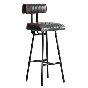Front view of a Brooklyn bar stool. It has a black metal frame and gray upholstered seat and back with red piping.