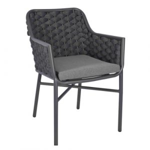 Anthracite Cordoba armchair. Metal frame, upholstered seat, and textilene weave backrest.