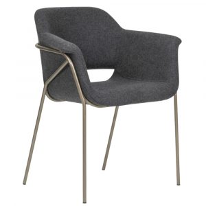 Angled view of a gray Megan 04 Base 134 armchair. It features a metal frame and upholstered seat and back.