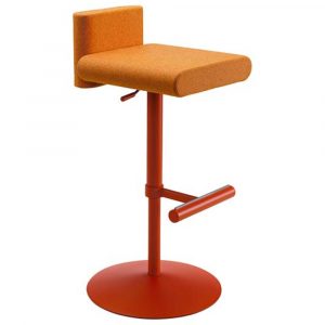 Upholstered orange Toy bar stool with metal frame, footrest, and adjustable gas lift seat.