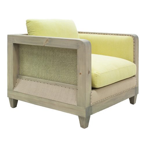 Angled view of the Bambou lounge chair. The chair has a light wood frame, woven side panels, and yellow upholstered seat and back cushions.