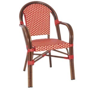 Red and cream Carcassonne armchair. Rattan weave seat and back with dark bamboo effect metal frame. Outdoor chair.