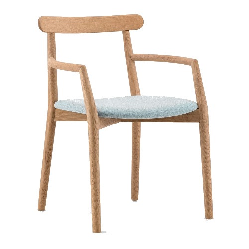 Front view of the Elissa armchair. Wood frame with a light blue upholstered seat.