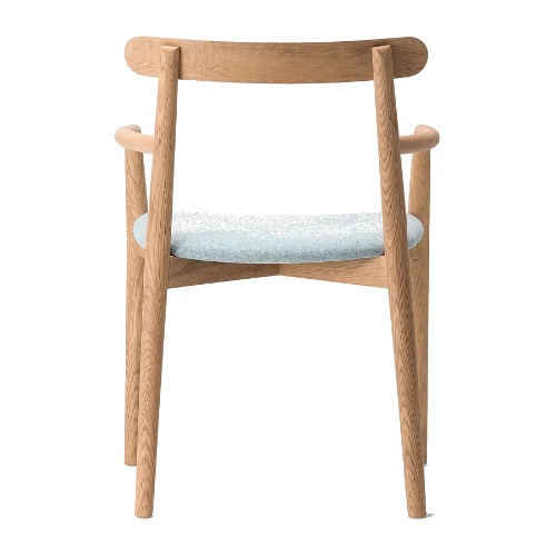 Back view of Elissa armchair in oak with light blue upholstered seat.