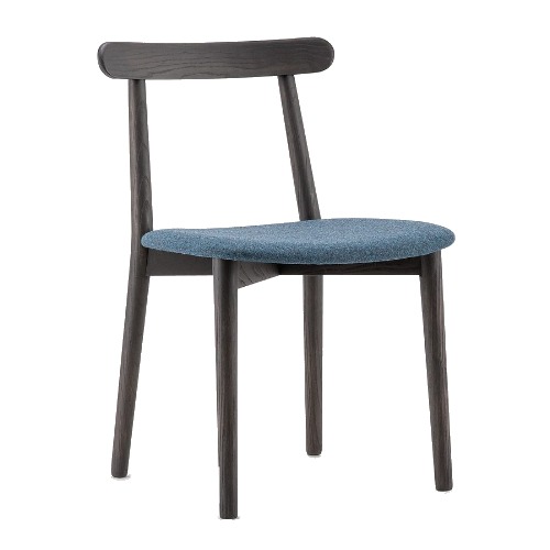 Front view of the Elissa side chair with a dark wood frame and blue upholstered seat.