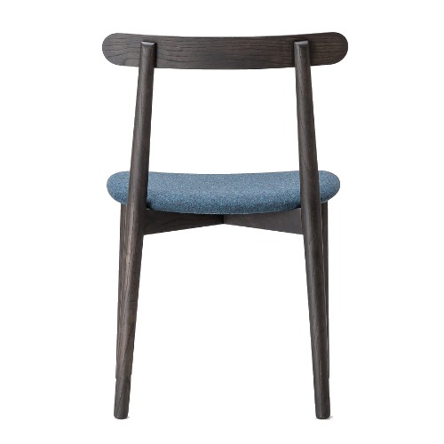 Back view of Elissa Side Chair. Wood frame in dark finish, upholstered seat in blue fabric.