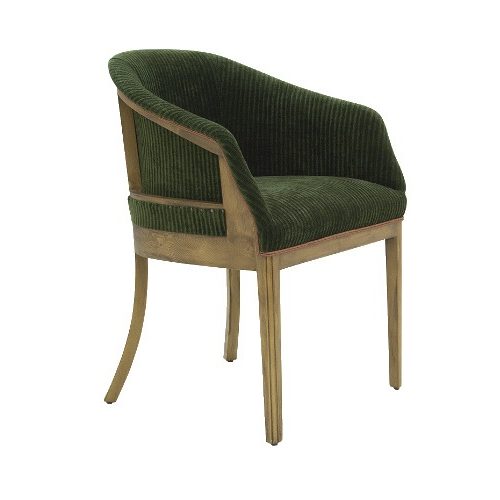 Angled view of a Girona armchair. Wood frame with green, fully upholstered seat and back.