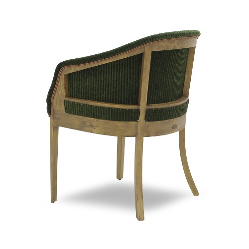Back view of a green upholstered Girona armchair with a wood frame.