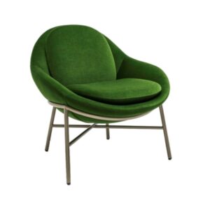 Green Oyster armchair with a metal frame. Upholstered seat and back. Front angle.