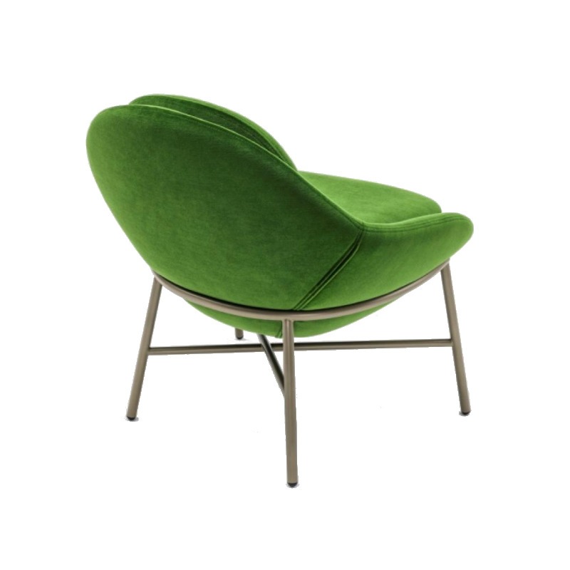 Rear view of a green Oyster Armchair. Upholstered seat and back with a metal frame.