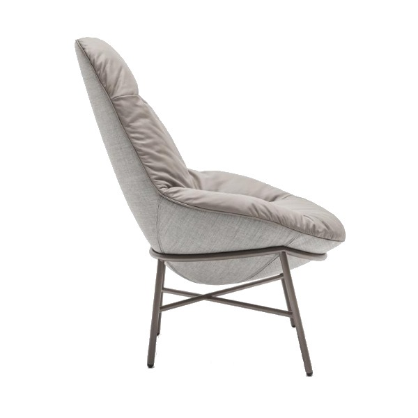 Side view of the Oyster lounge chair. It has a metal frame and fully upholstered seat and back in light gray.
