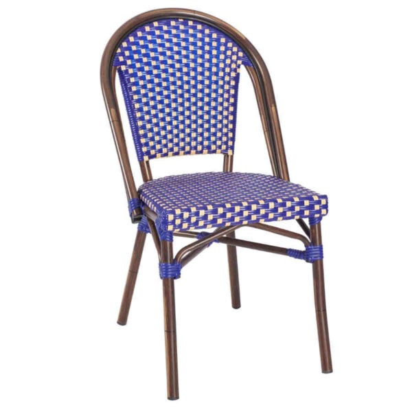 Carcassonne side chair with a dark bamboo effect aluminium frame and blue & cream rattan weave seat and back.