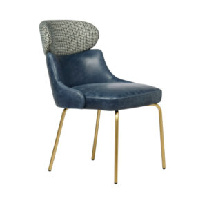 Angled view of the Diamond M Side Chair. It has a blue upholstered seat and back, a patterned headrest, and gold metal legs.