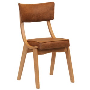 Front view of the Kensington side chair in tan, with a natural oak wood frame and upholstered seat and back.