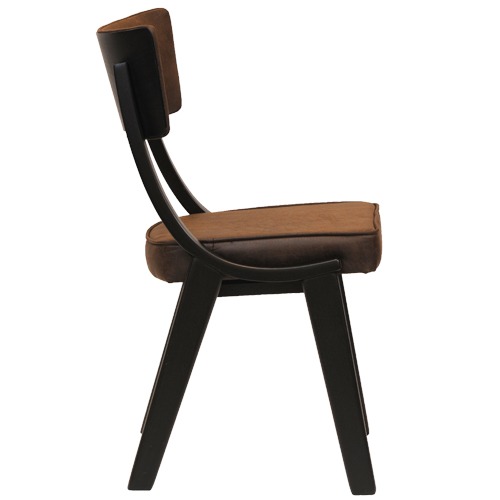 Side view of a Kensington side chair. Noir wood frame with upholstered seat and back in tan fabric.
