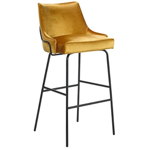 Angled view of a Louvre strap barstool. Features a gold upholstered seat and back with a black metal frame.