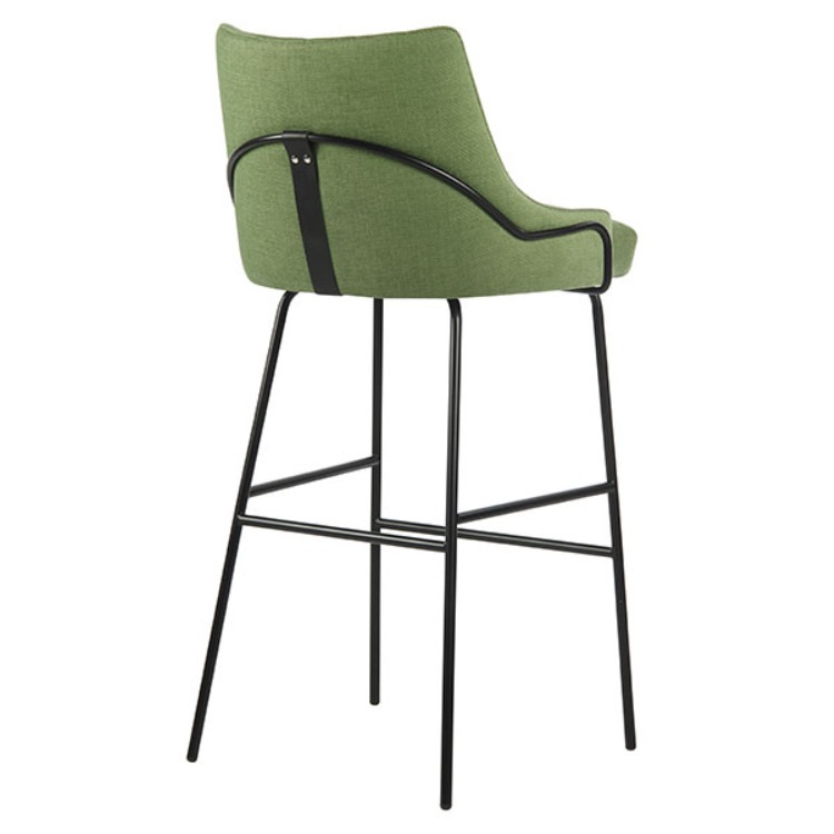 Rear view of a green Louvre strap barstool with a black metal frame.
