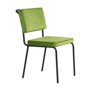 Angled view of a Pierre side chair. Green upholstered seat and back with a black metal frame.