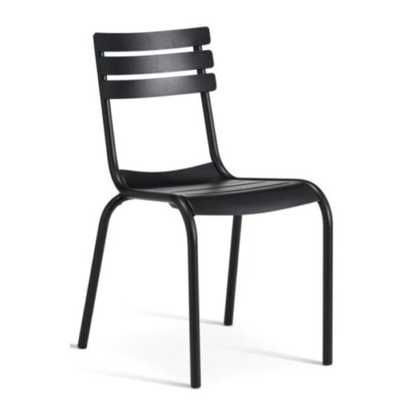 Black Rio Side Chair. Metal frame with horizontal slats on back and seat. Weather-resistant outdoor furniture.