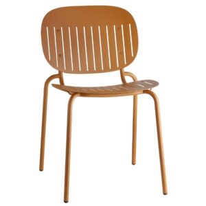 Front view of a brown Si-Si B side chair. The chair has a metal frame, seat, and back with vertical slots.