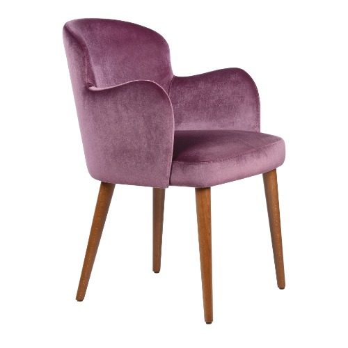 Upholstered Taylor armchair in purple velvet with a wood frame. Angled view.