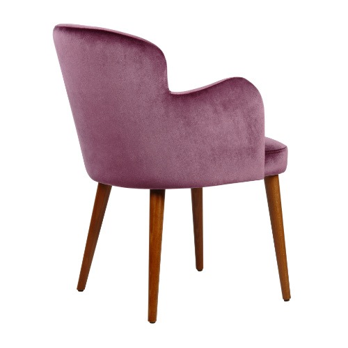 Rear view of a purple Taylor armchair. The chair has an upholstered seat and back with a wooden frame.