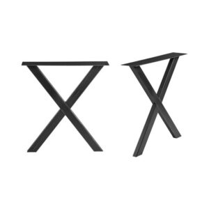 Two black metal X-Cross dining table bases, shown at an angle, with a matte finish.