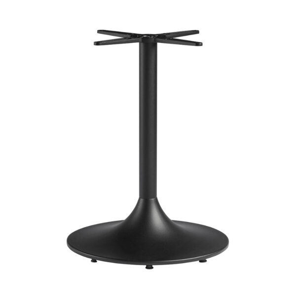 Front view of the Zaro Large dining table base. Black, aluminum metal, with a round base and cross-shaped top.