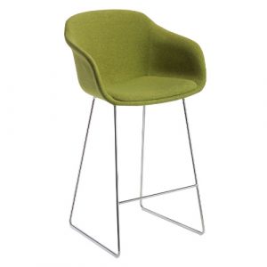 Upholstered Dame dress barstool in green fabric with a metal frame and footrest.