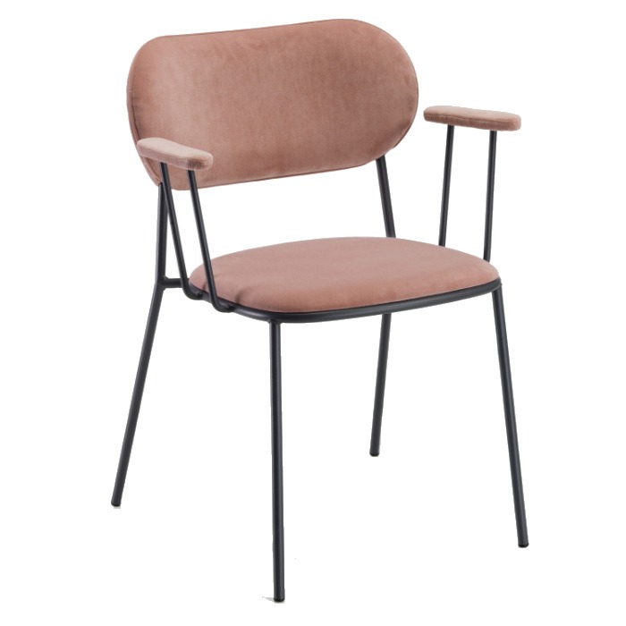 Front view of the Nuta light armchair. Upholstered in a dusty rose fabric with a black metal frame.